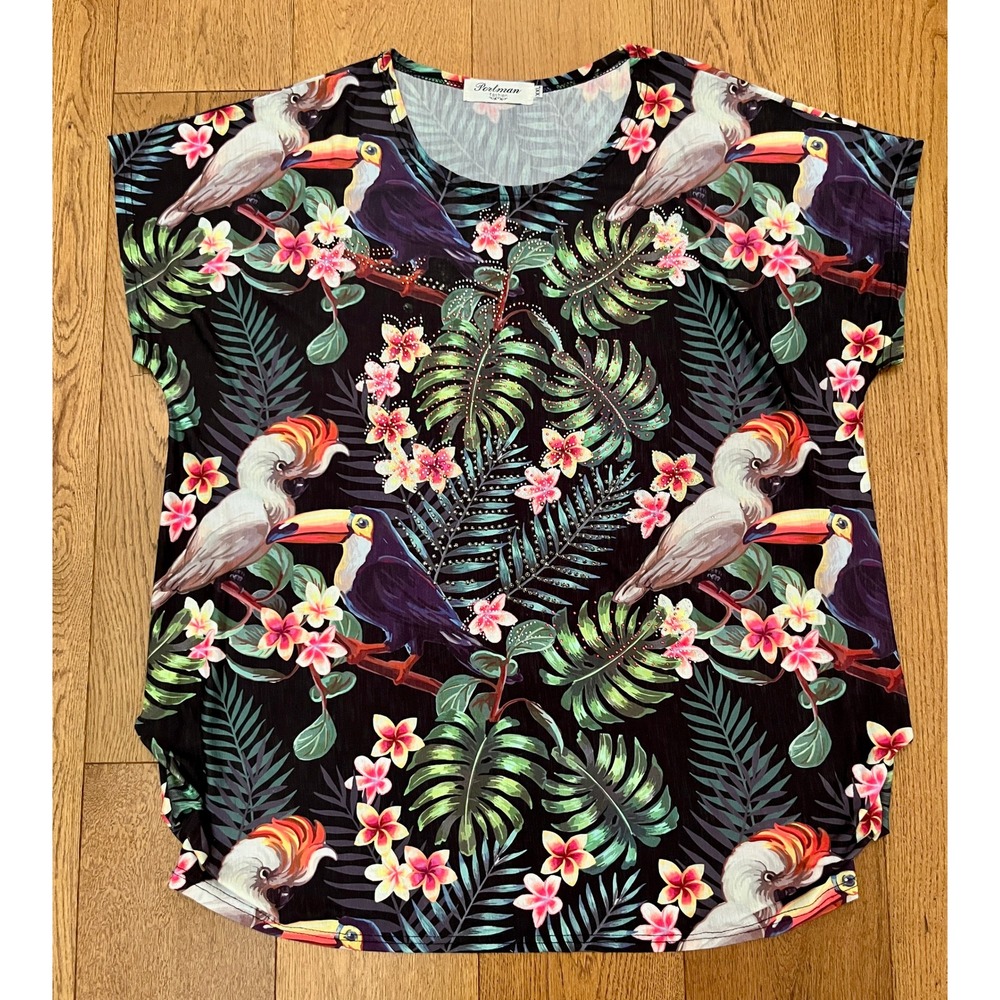 Portman Fashion Womens XXL Tropical Toucan Cockatoo Rhinestone Floral Top Black